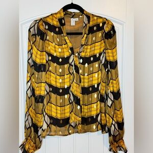 Joie Tie Neck Balloon Cuff Sleeve Gold, Yellow and Black Patterned Blouse